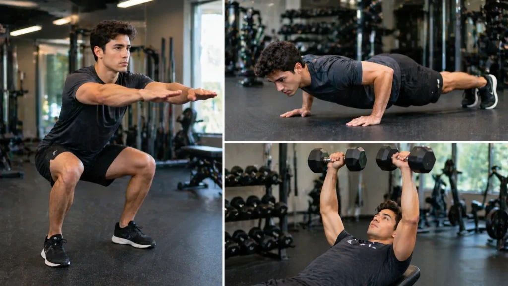 beginner doing squats push-ups and dumbbell press in gym