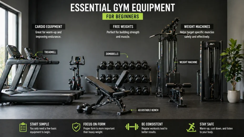 gym equipment for beginners dumbbells treadmill and machines