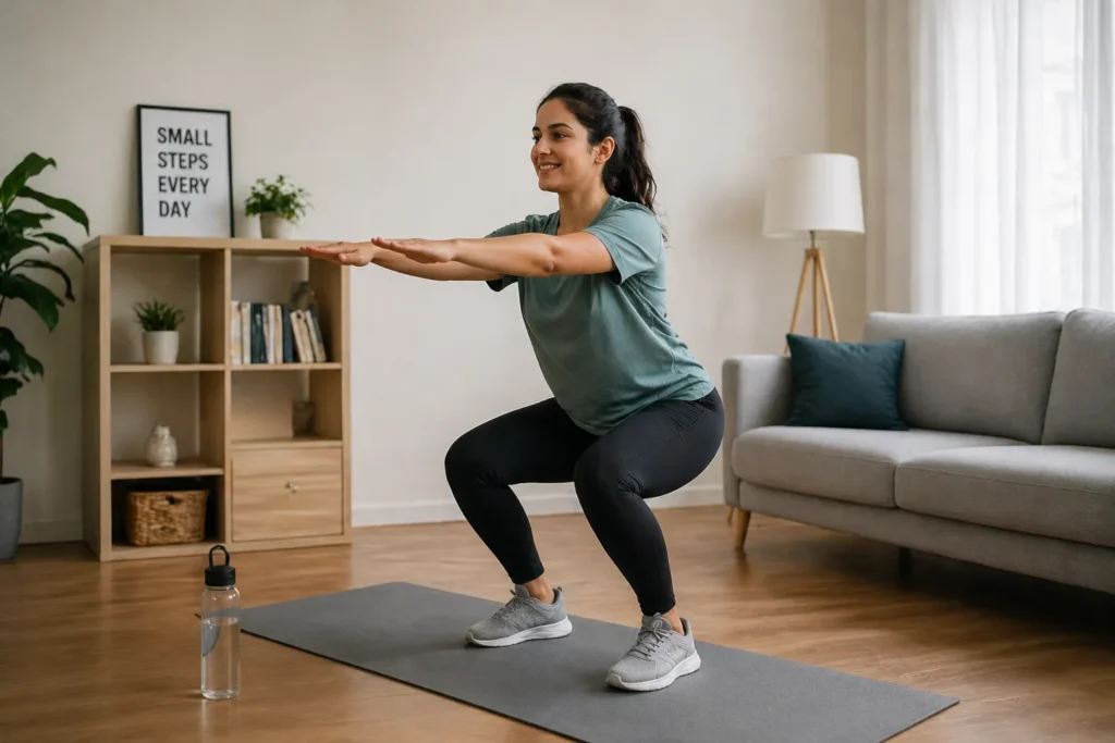 Beginner doing simple exercises like squats at home in a clean and relaxed environment