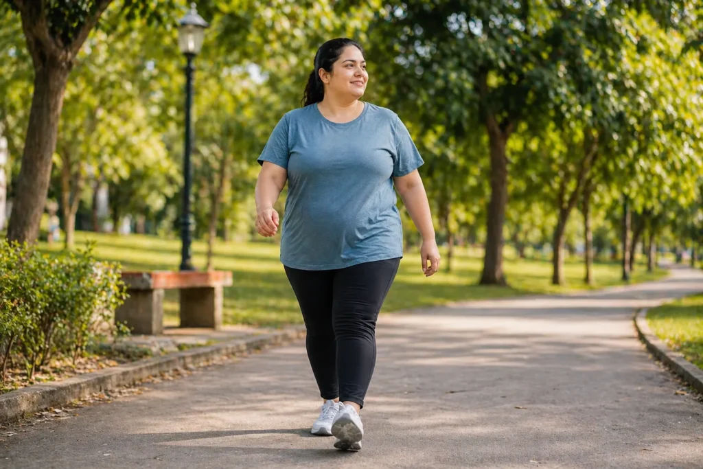 Overweight beginner walking in a park at a relaxed pace during a simple fitness routine