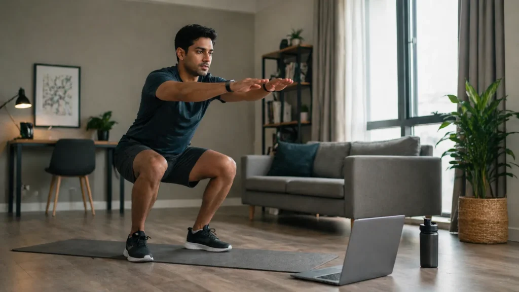 Busy professional doing a quick home workout in a modern apartment with minimal equipment