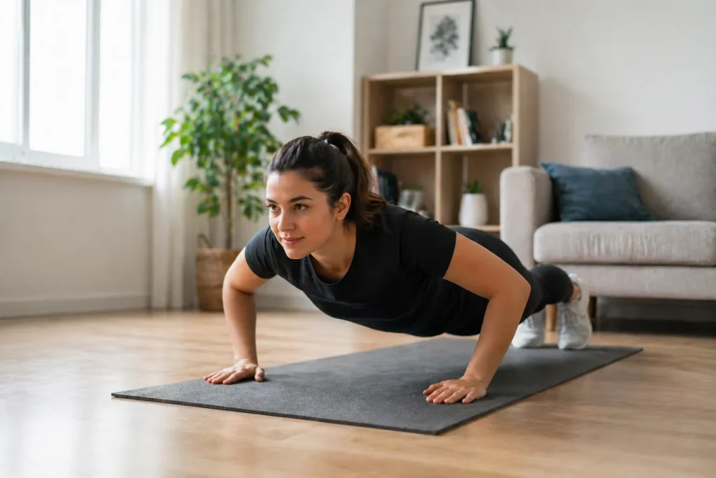 Person doing bodyweight exercises at home like push-ups in a clean and bright room