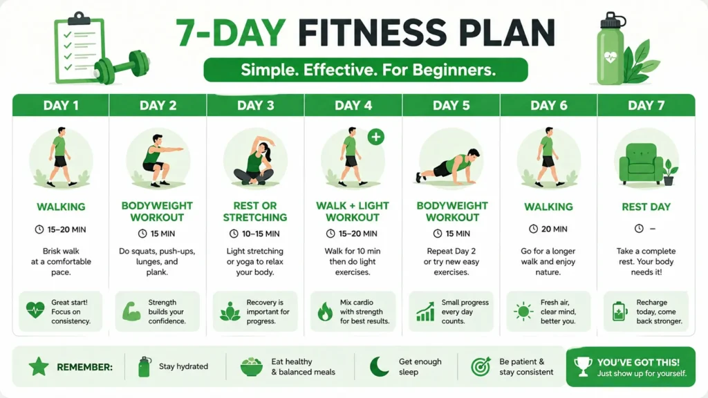 Simple weekly fitness plan infographic with a clean calendar layout and beginner-friendly workouts