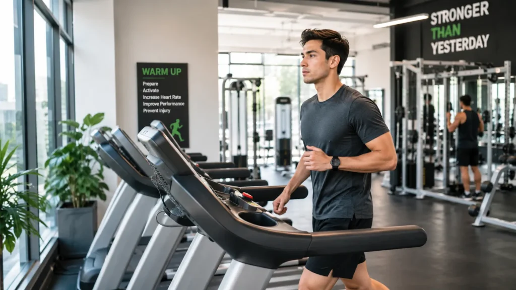 Beginner performing compound squat exercise with dumbbells in gym