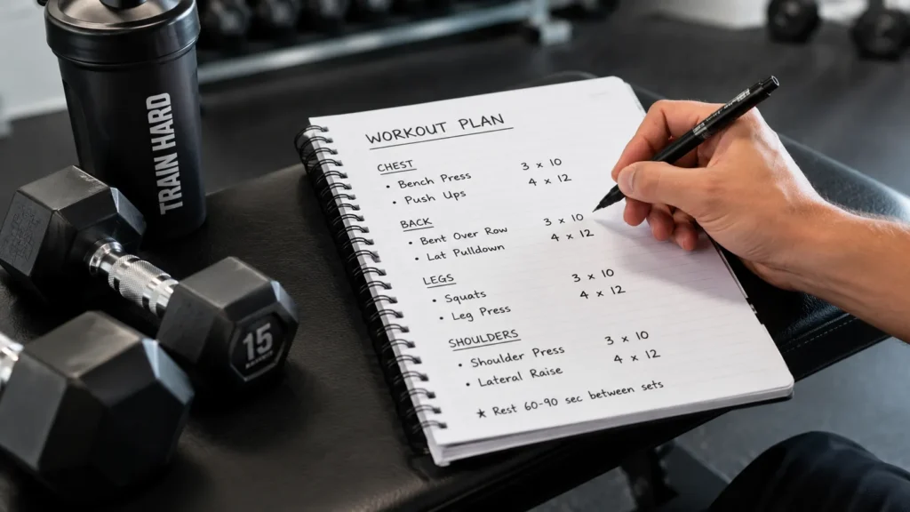 Workout notebook showing 3x10 sets and reps example for beginner fitness training