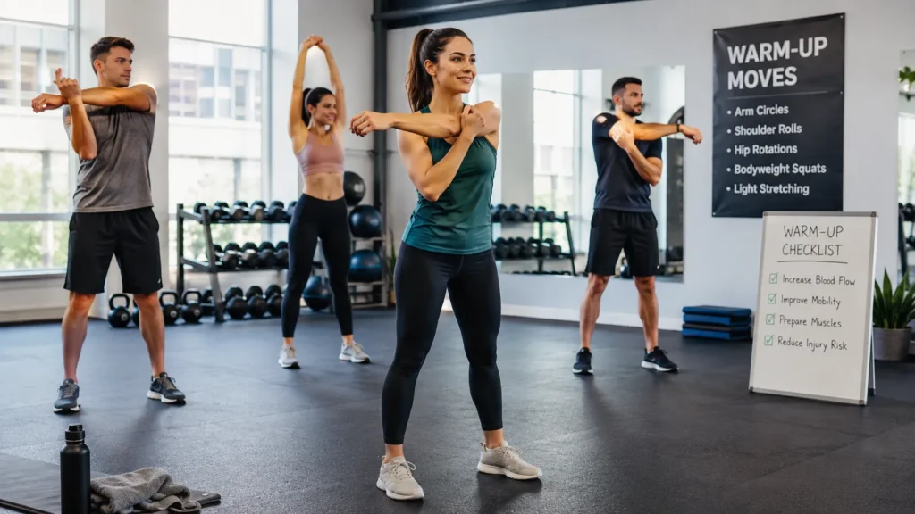 Beginner warming up before strength training with stretching and mobility exercises