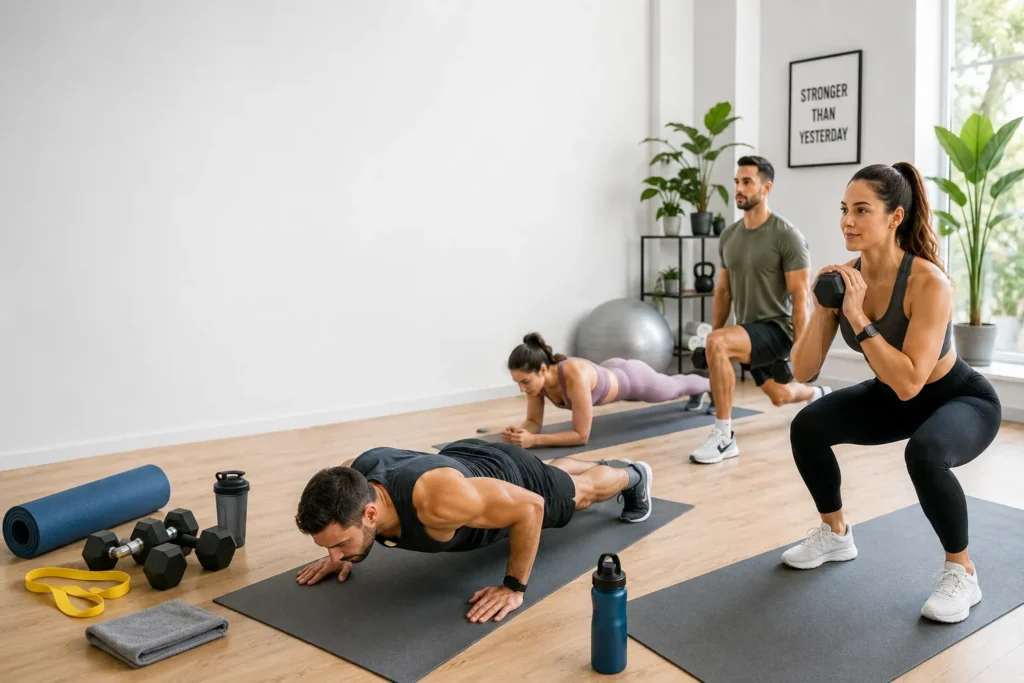 Beginner-friendly weight loss workout plan with men and women doing strength and cardio exercises in a modern home gym