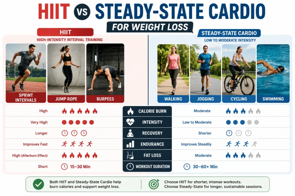 Comparison infographic showing HIIT and steady-state cardio workouts for weight loss