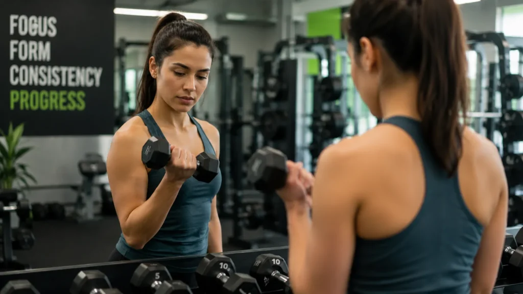 Beginner woman selecting light dumbbells with proper lifting form in gym