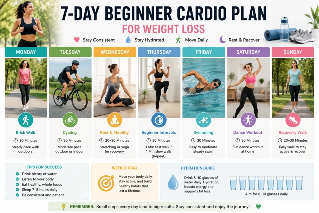 Beginner weekly cardio workout plan for weight loss with walking, cycling, swimming, and recovery days