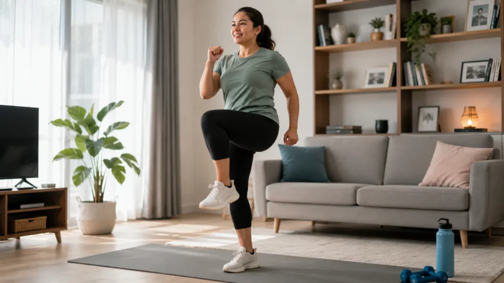 Beginner doing cardio workout at home without equipment