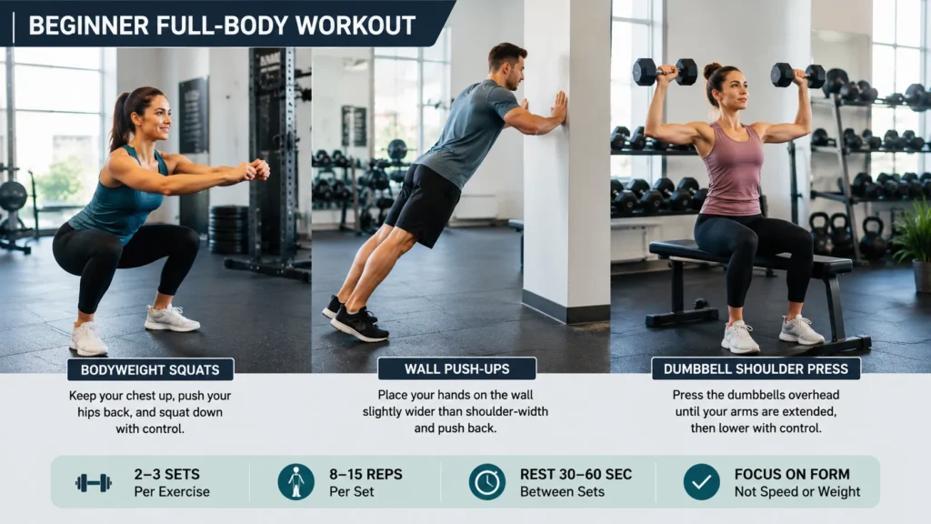 Beginner performing simple full-body strength training exercises with proper form