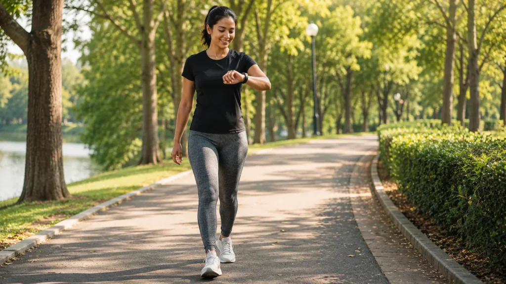 Beginner doing walking cardio exercise outdoors