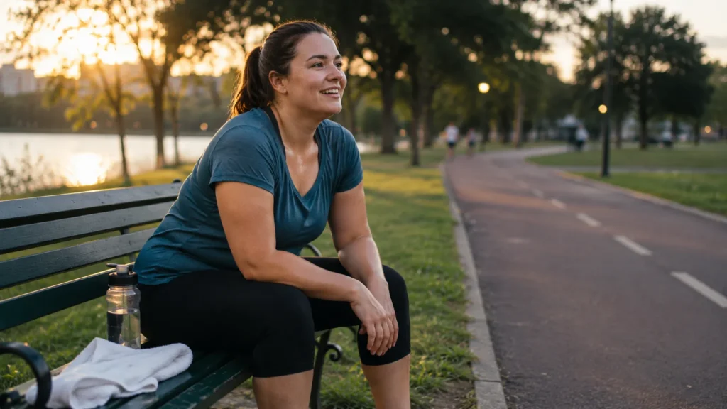 Beginner resting after a cardio workout while feeling tired but motivated