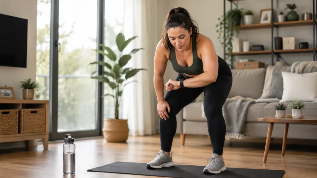 Beginner resting during a HIIT workout while managing breathing and workout intensity