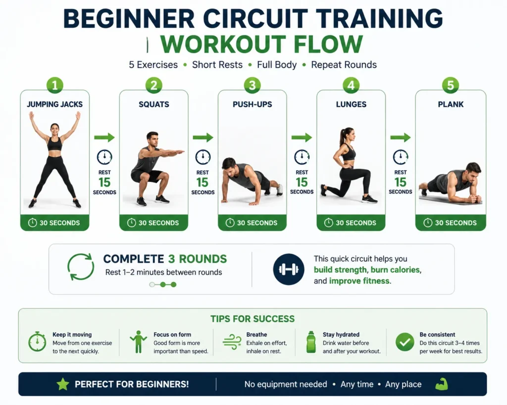 Beginner circuit training workout flow with bodyweight exercises and short rest periods