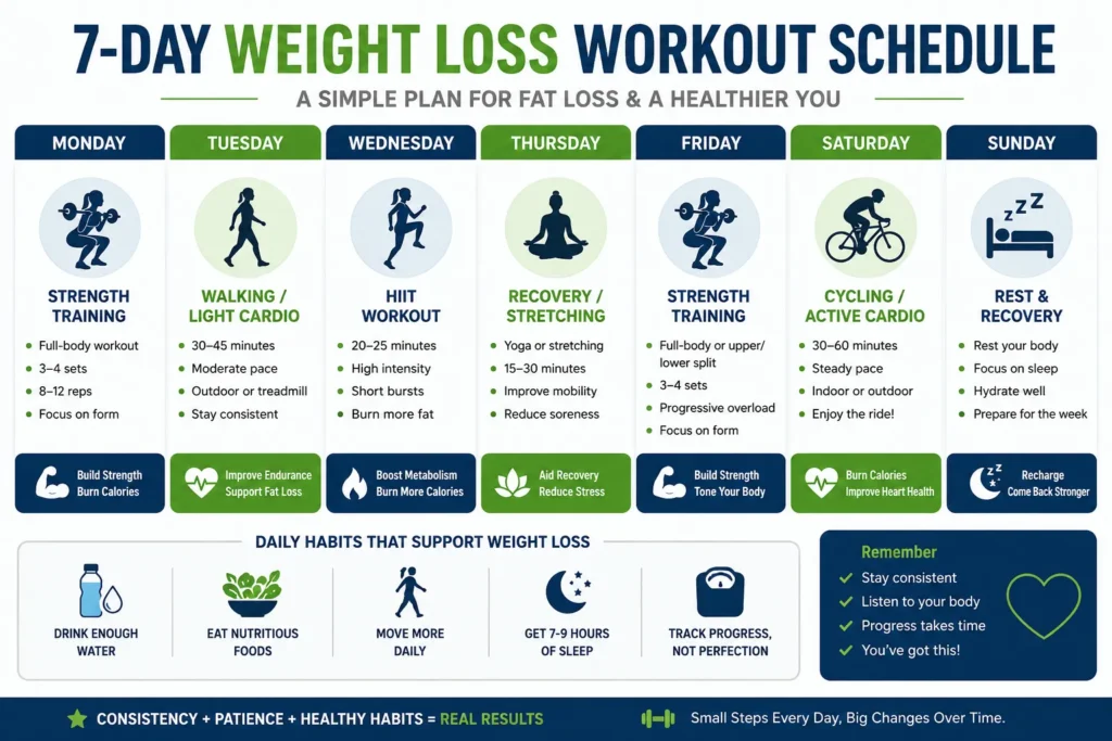 Weekly weight loss workout schedule infographic showing cardio, strength training, HIIT, recovery, and rest days