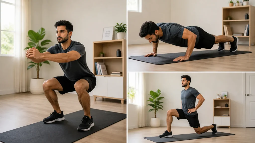 beginner doing squats push ups lunges at home without equipment