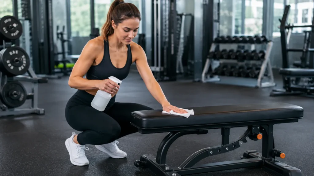Beginner wiping down gym equipment after exercise