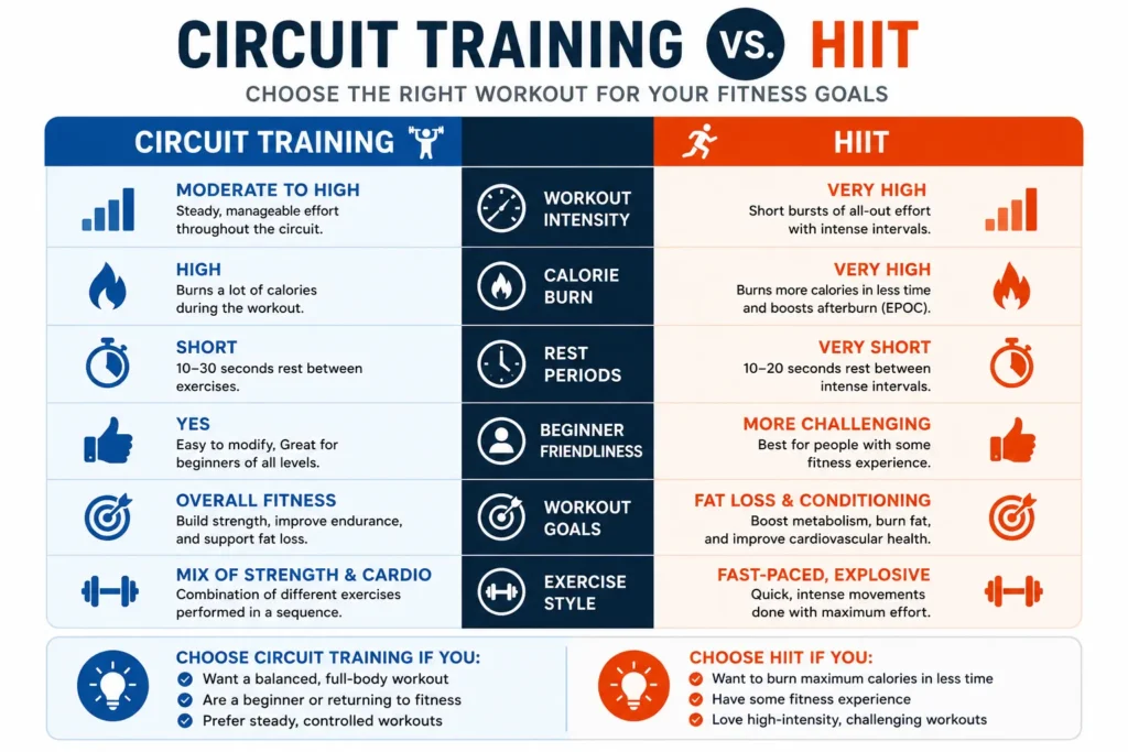 Comparison chart between circuit training and HIIT workouts for beginners