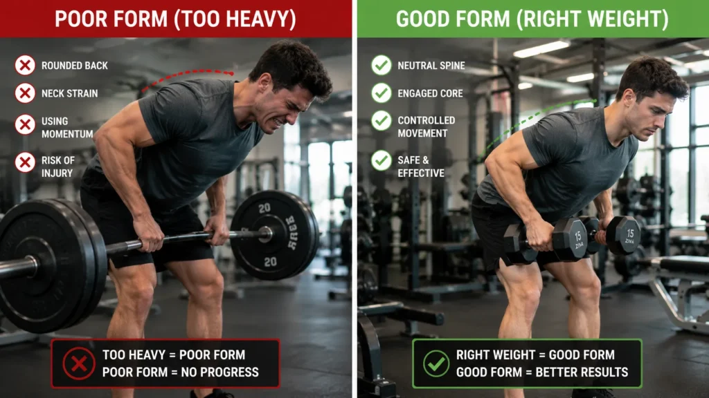 Comparison of beginner lifting mistakes and correct workout technique in gym