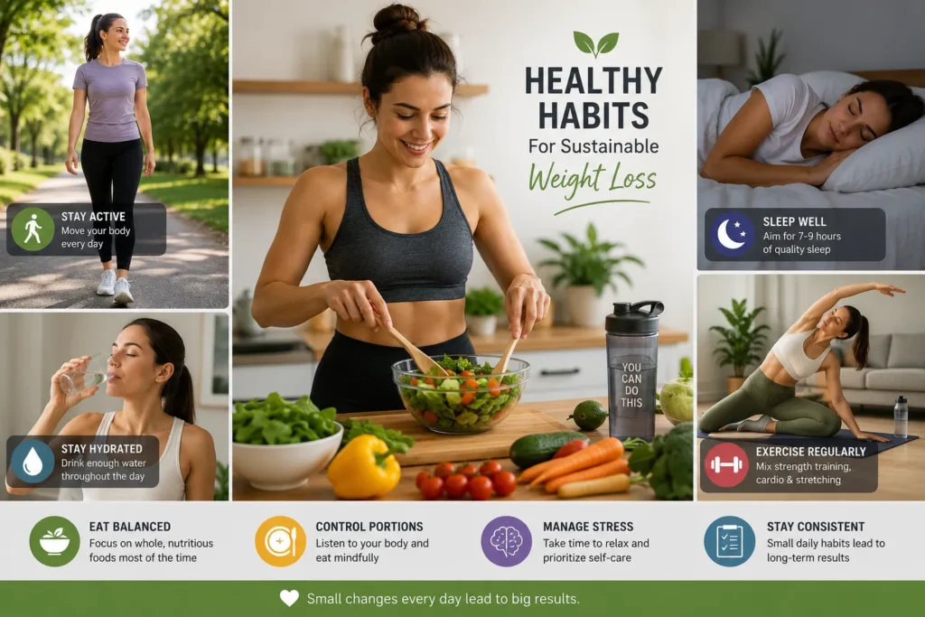 Healthy lifestyle habits supporting sustainable weight loss including hydration, sleep, walking, nutrition, and exercise