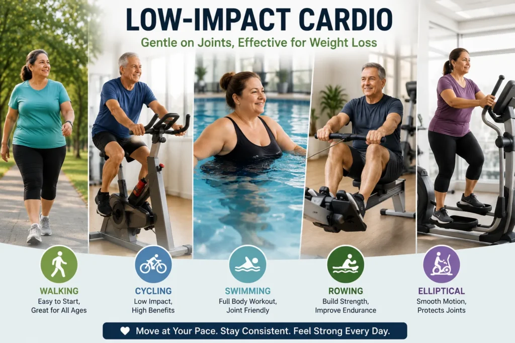 Low-impact cardio workouts including walking, cycling, swimming, and rowing for beginners and older adults