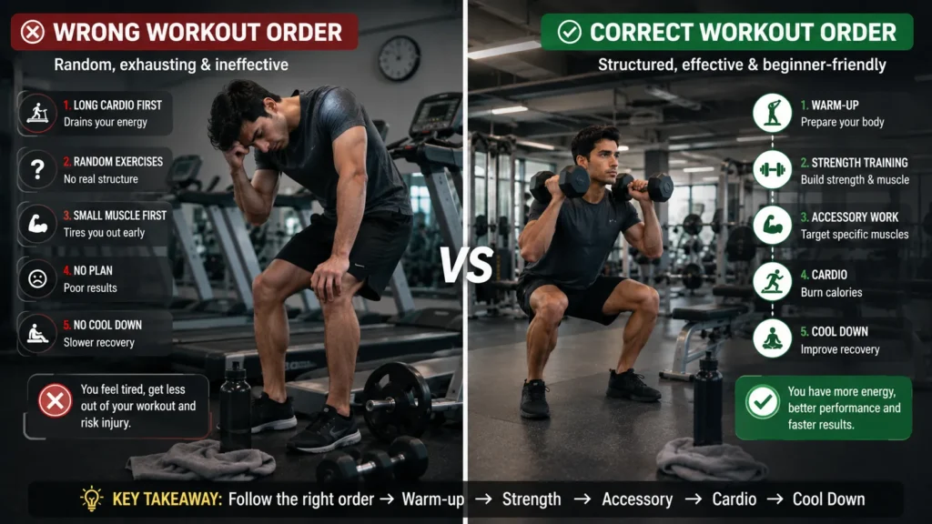 Wrong and correct gym workout order comparison for beginners