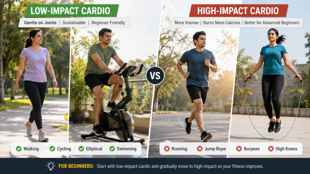 Comparison between low-impact and high-impact cardio exercises for beginners
