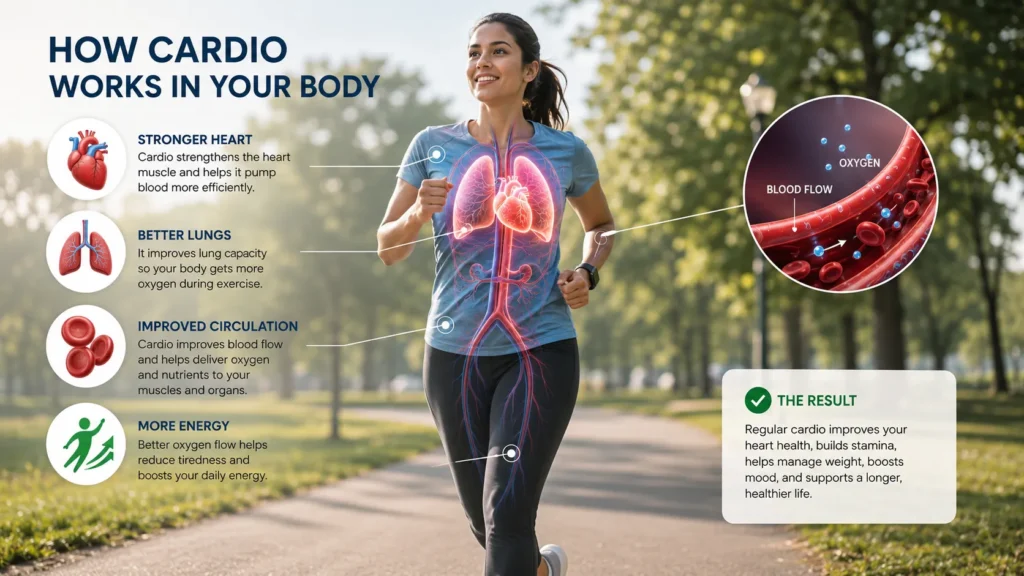 Cardio exercise improving heart health and oxygen circulation