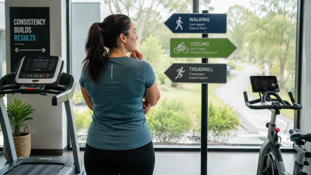 Beginner comparing different cardio workout options in a fitness environment