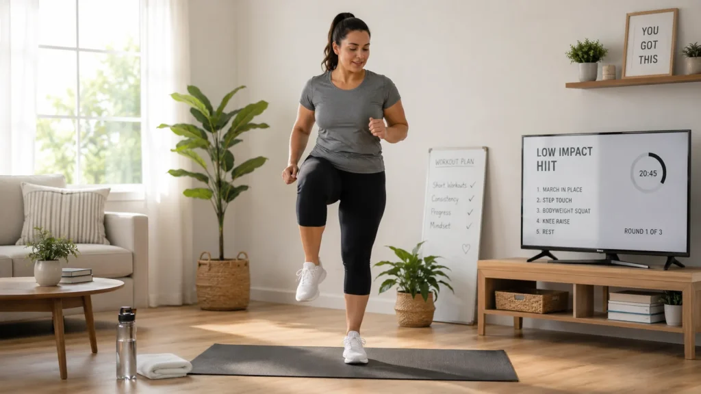 Beginner performing low-impact HIIT exercises at home without jumping