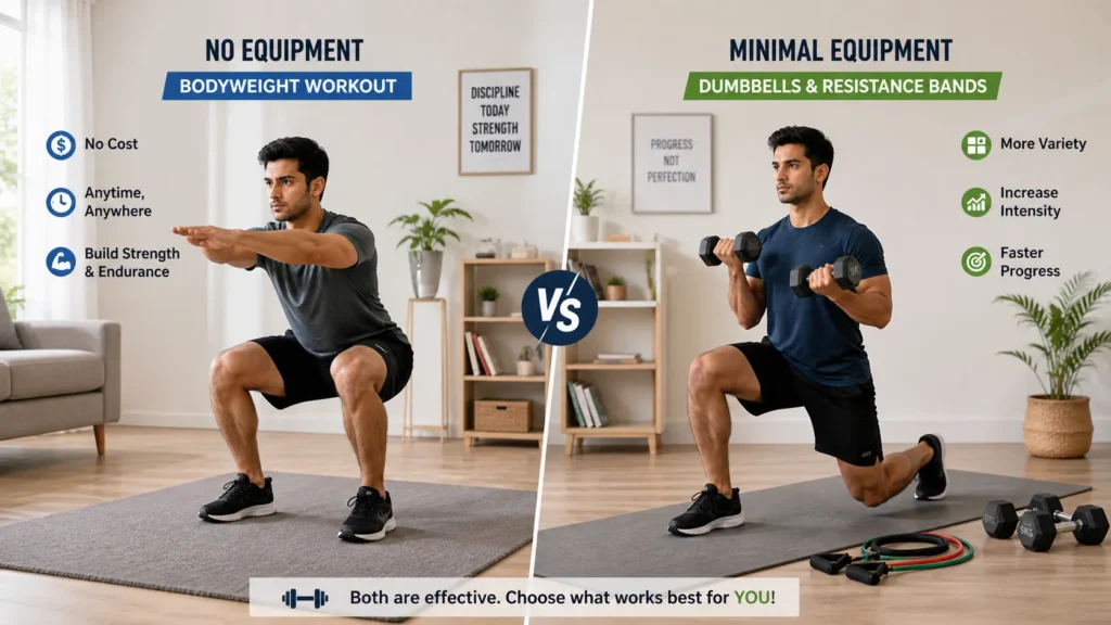comparison of bodyweight workout and dumbbell workout at home for beginners