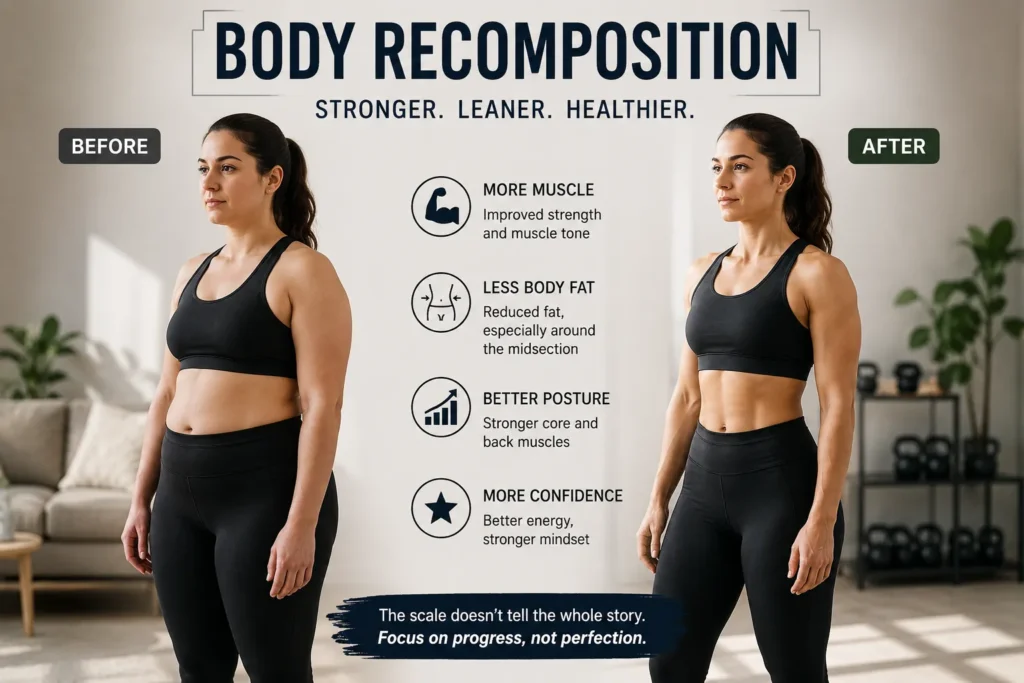 Body recomposition progress through strength training and fat loss