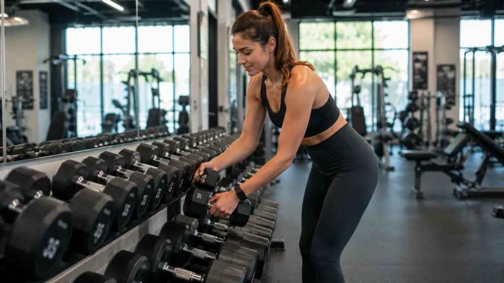 Beginner placing dumbbells back on gym rack after workout