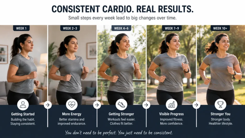 Beginner showing gradual fitness progress after consistent cardio workouts