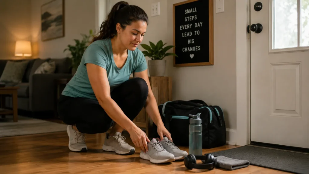 Beginner preparing cardio workout gear at home for a consistent fitness routine