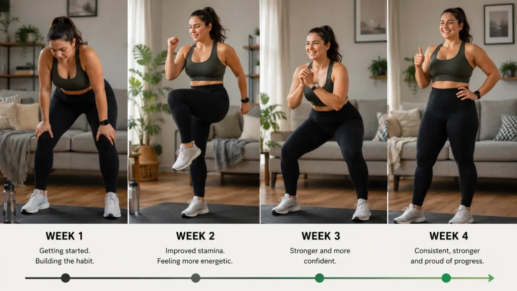Beginner gradually improving fitness and confidence through consistent HIIT workouts