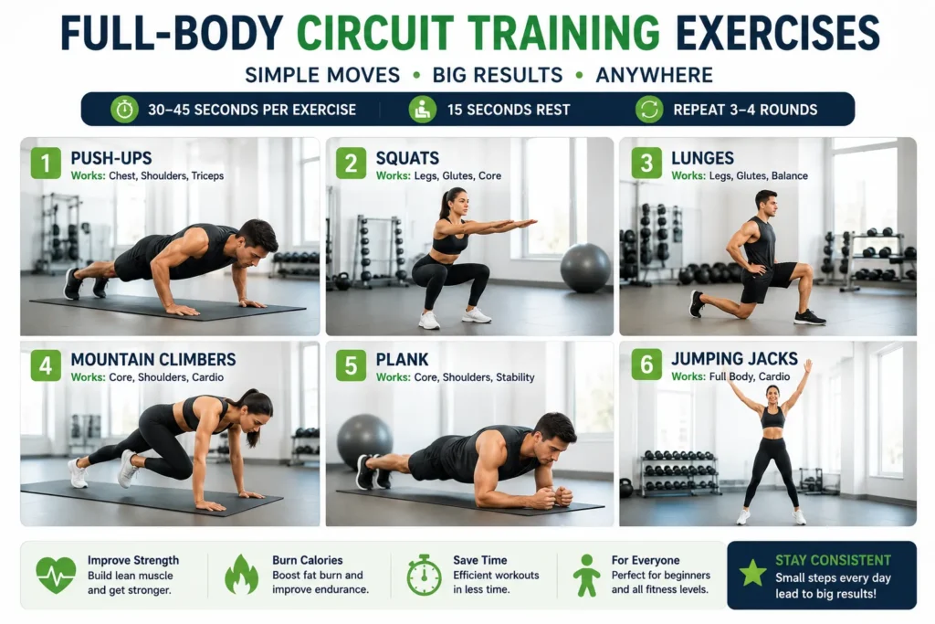 Full-body circuit training exercises including push-ups, squats, lunges, and mountain climbers