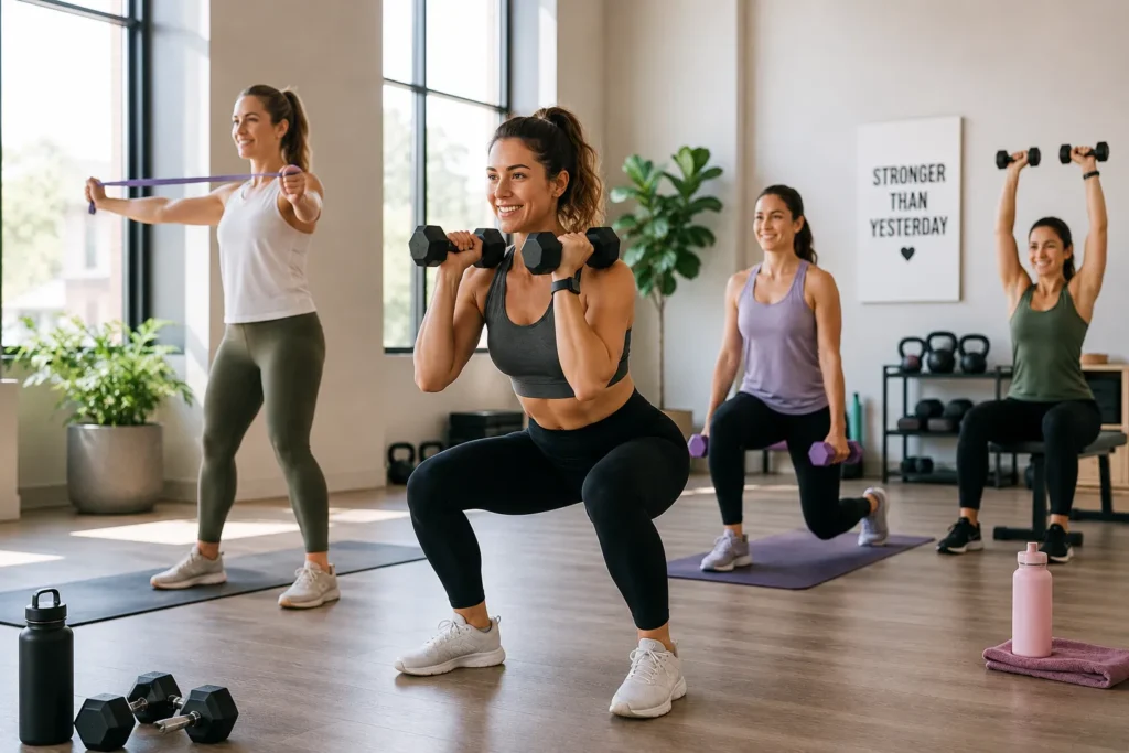 Women performing beginner strength training exercises for fat loss and lean muscle