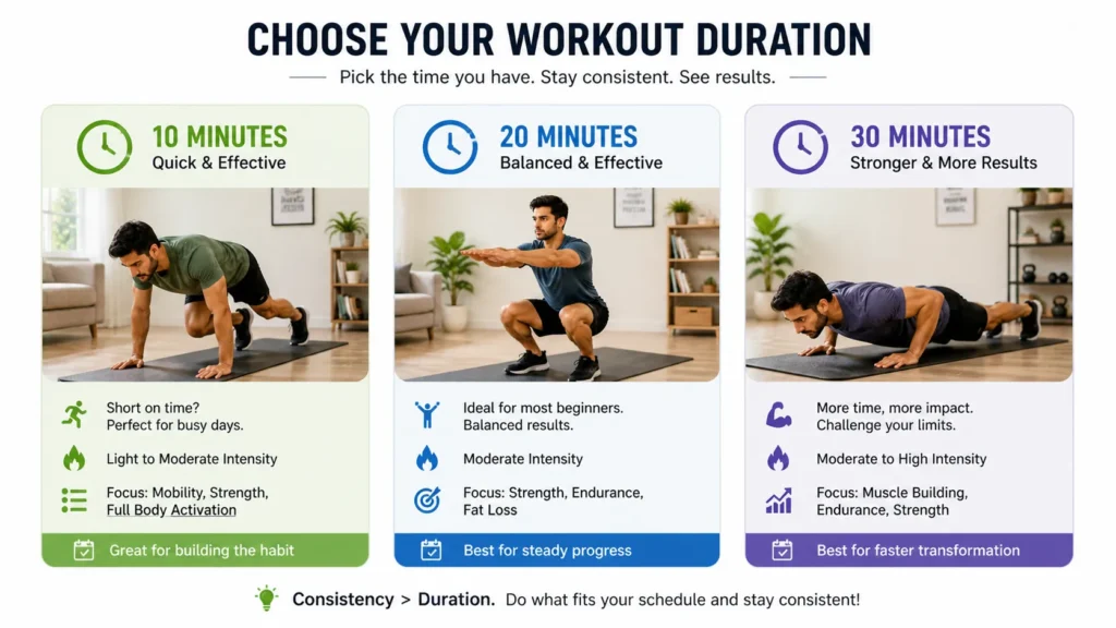 10 20 30 minute home workout duration comparison for beginners