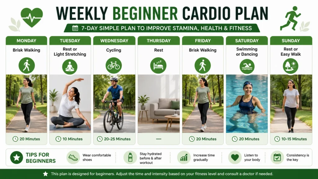 Weekly beginner cardio workout schedule infographic
