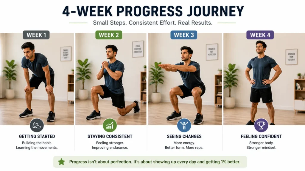 fitness progress of beginner over four weeks showing confidence improvement
