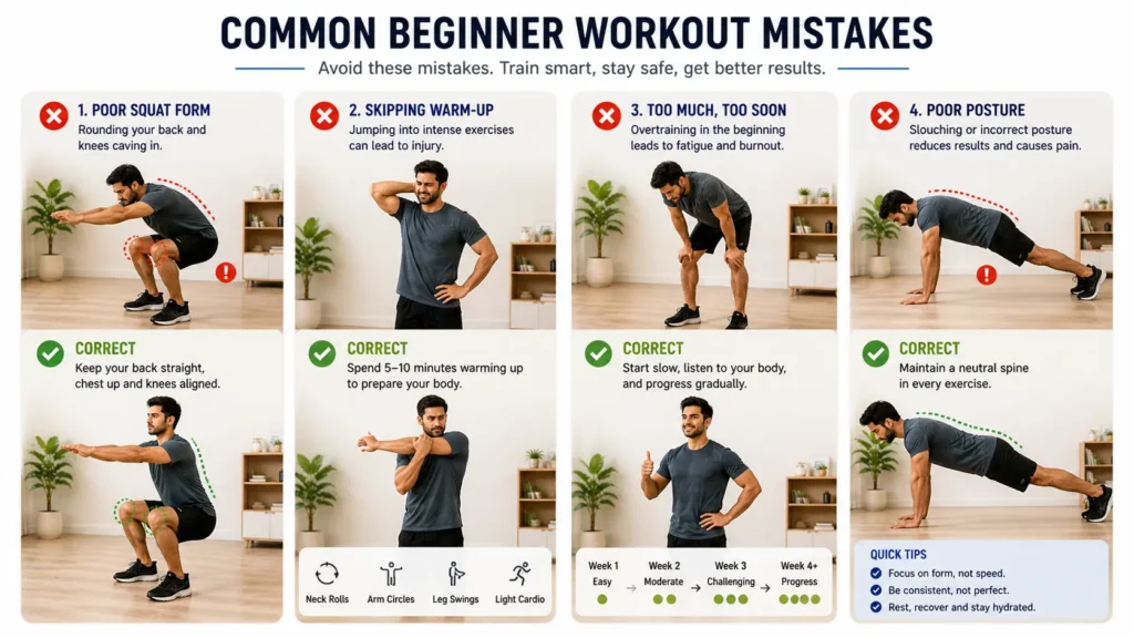 beginner doing squat with poor form at home workout