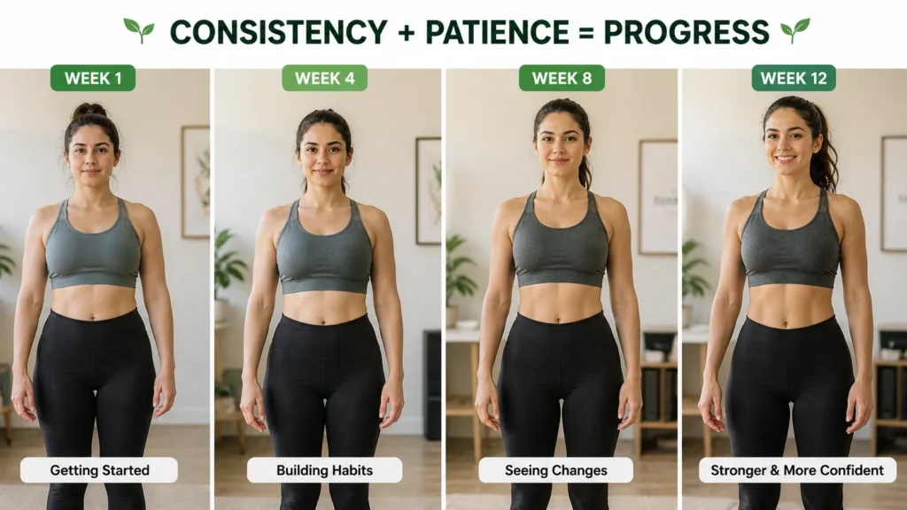 Beginner showing gradual fitness progress through consistency