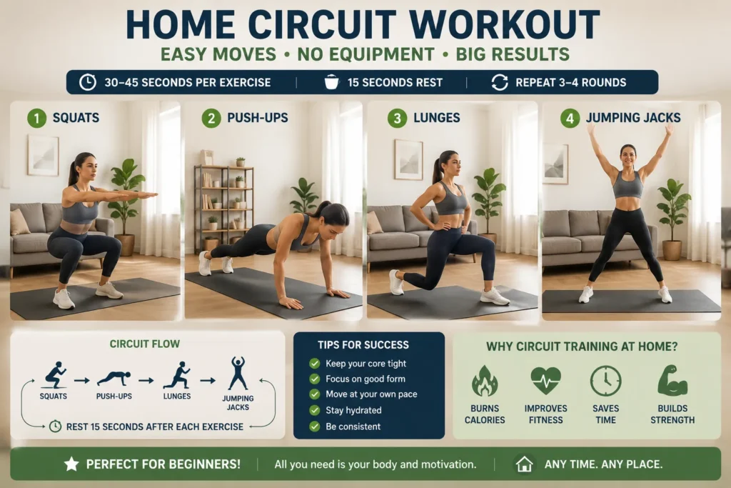 Beginner home circuit workout setup with bodyweight exercises and no gym equipment