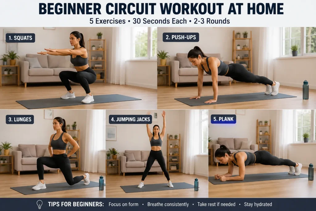 Beginner performing a home circuit training workout with bodyweight exercises