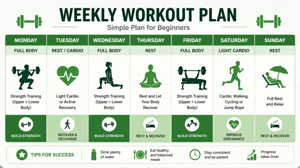 Weekly workout plan calendar showing beginner workout and rest days