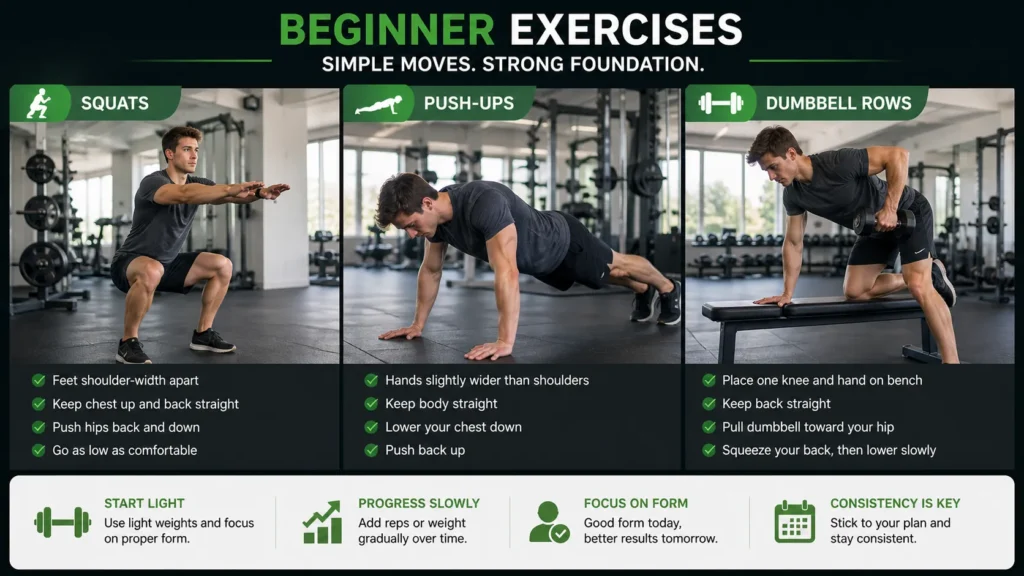 Beginner doing squats push-ups and dumbbell exercises with proper form