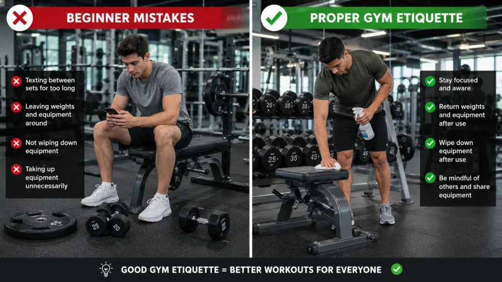 Comparison of beginner gym mistakes and proper gym etiquette behavior